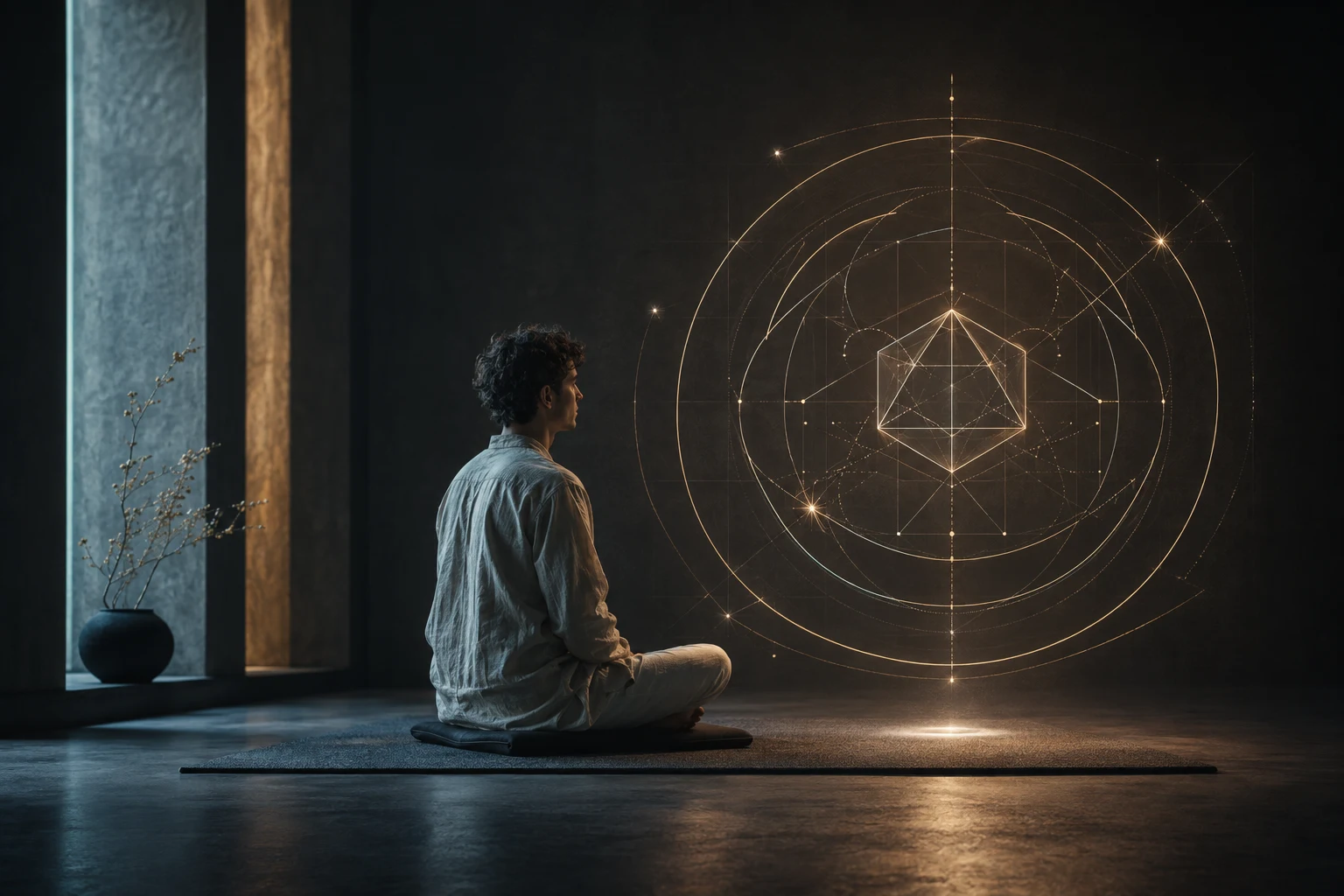 A contemplative student studying luminous geometric forms