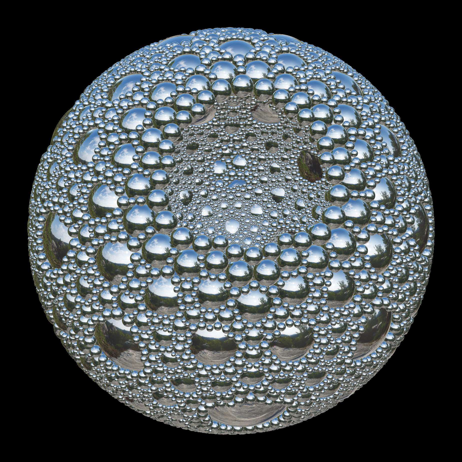An intricate nine-generation Apollonian sphere packing: luminous chrome spheres nestled among smaller spheres on pure black.