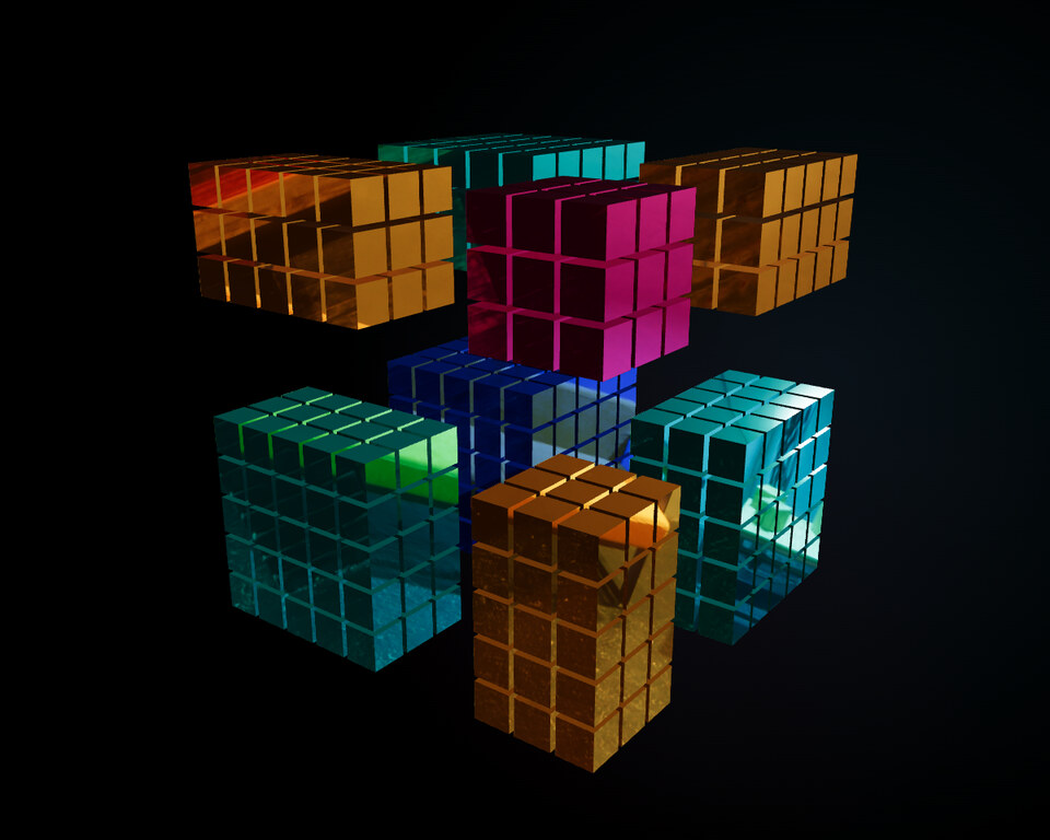 A colorful metallic cube separated into a base cube, slabs, bars, and a small corner cube.