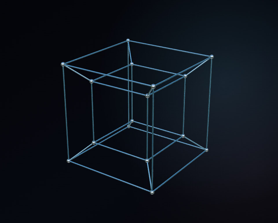 A luminous tesseract projection with nested cubic structures connected by blue and violet edges.
