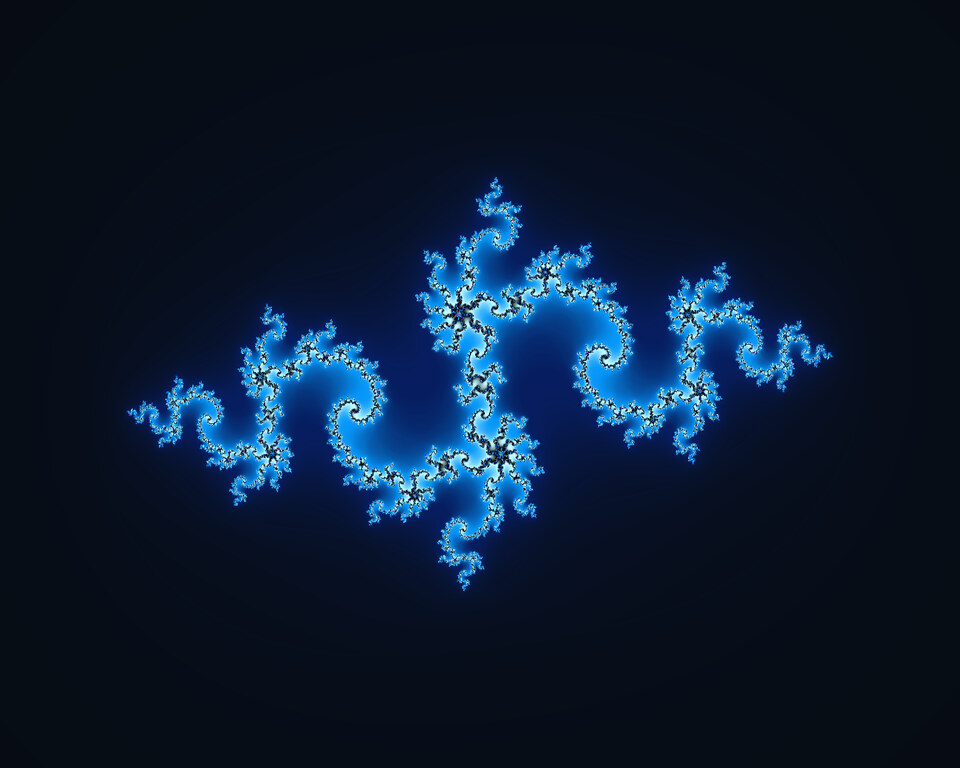 An intricate blue Julia fractal with repeating spirals, delicate branches, and luminous boundaries.
