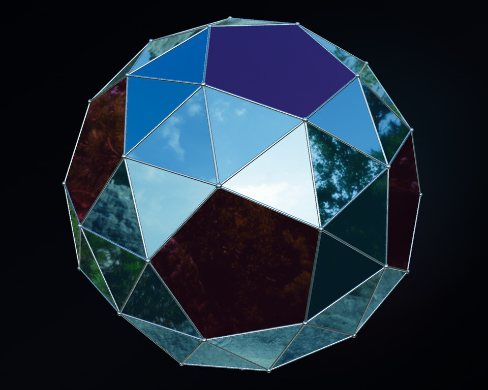 A snub dodecahedron with jewel-colored metallic triangular and pentagonal faces.