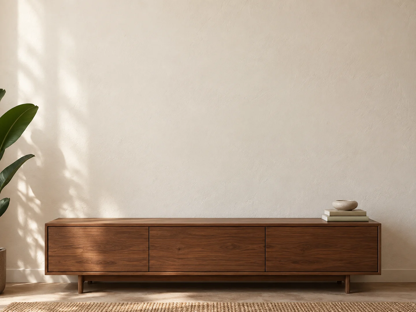 A warm plaster wall above a walnut cabinet